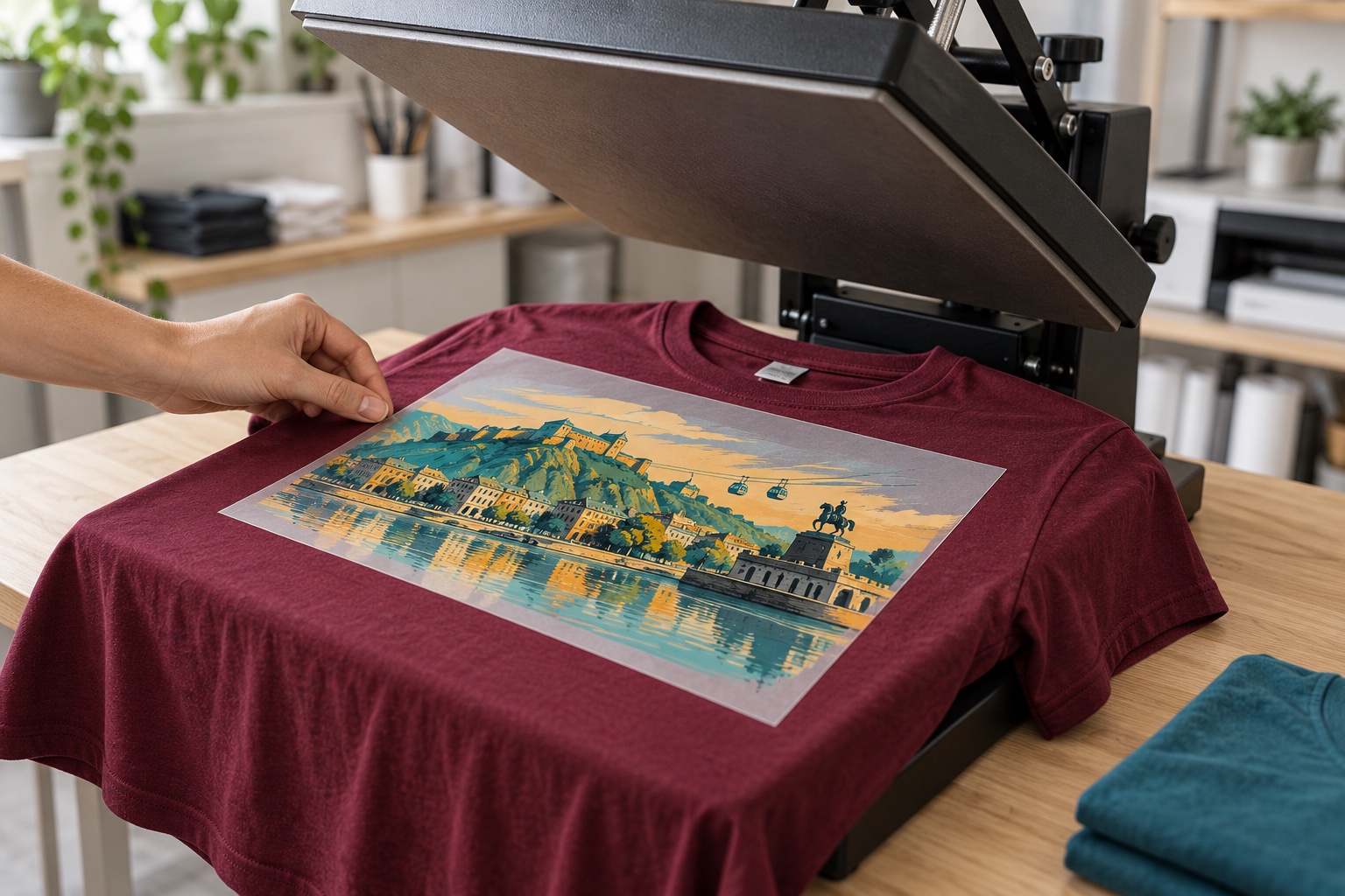 Transferpresse und bedrucktes bordeauxrotes T-Shirt